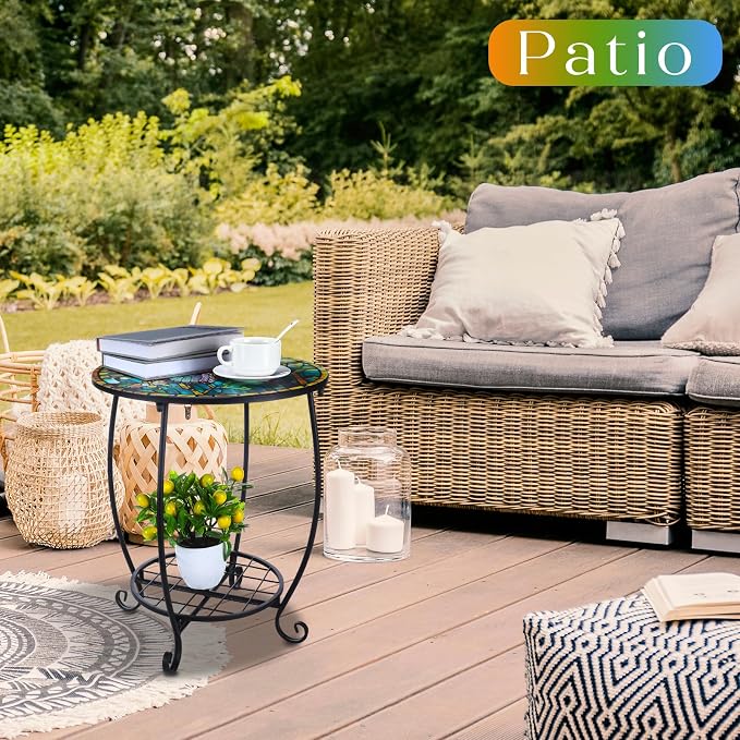 Cinnvoice Outdoor Side Table Round Small Mosaic Patio Accent Indoor End Plant - Image 2
