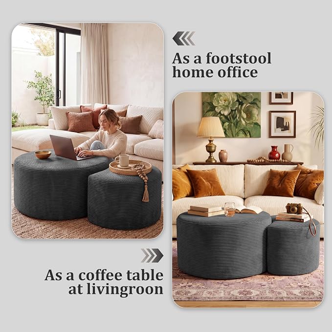 BSHOMGI Boneless Ottoman Nesting Coffee Table Set of 2, Corduroy Soft Foot Rest - Image 3