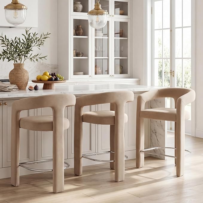 HNY 26 Inch Modern Tall Barrel Bar Stools Set of 3, Velvet Upholstered Barstools by HNY