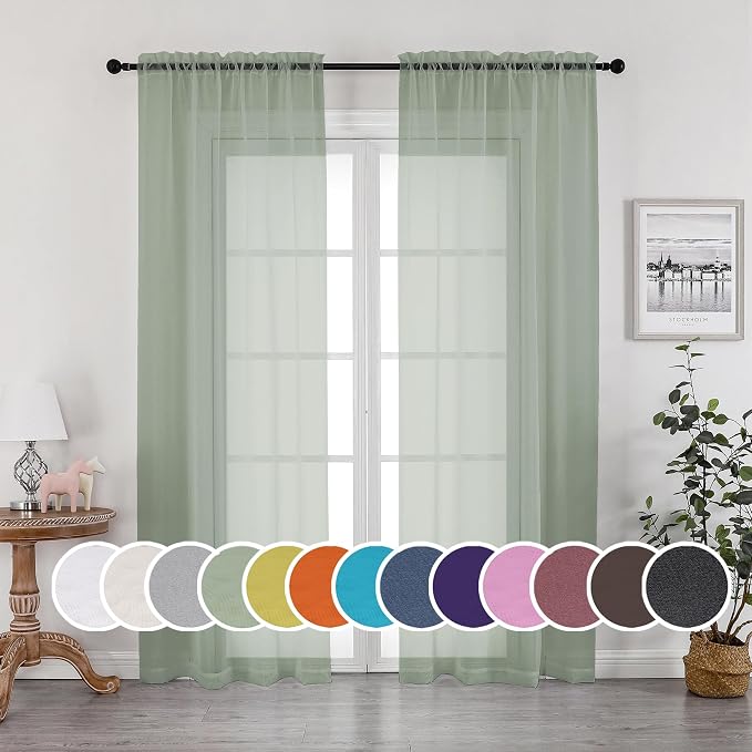 OWENIE Sheer Curtains, Sage Green Sheer Curtains 84 inch Length 2 Panels Set by OWENIE