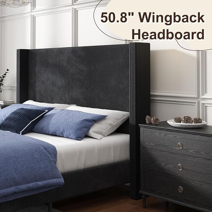 HOWE Queen Size Bed Frame with 50.8" Tall Wingback Headboard, Modern Corduroy - Image 5
