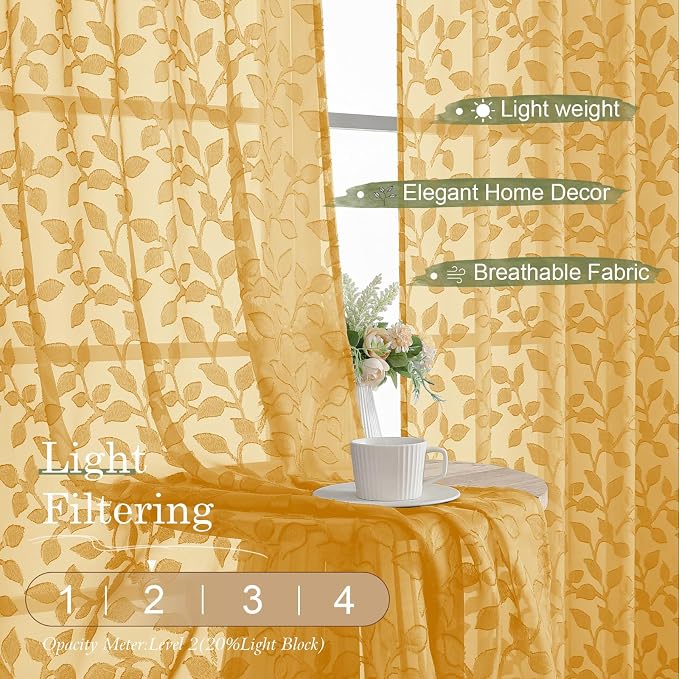 Chyhomenyc Gold Sheer Curtains 36 Inch Length, Light Filtering Leaf Tufted - Image 2