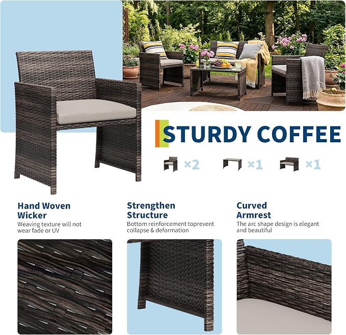 Garvee 4-Piece Patio Furniture Set, PE Rattan Outdoor Conversation Set - Image 4