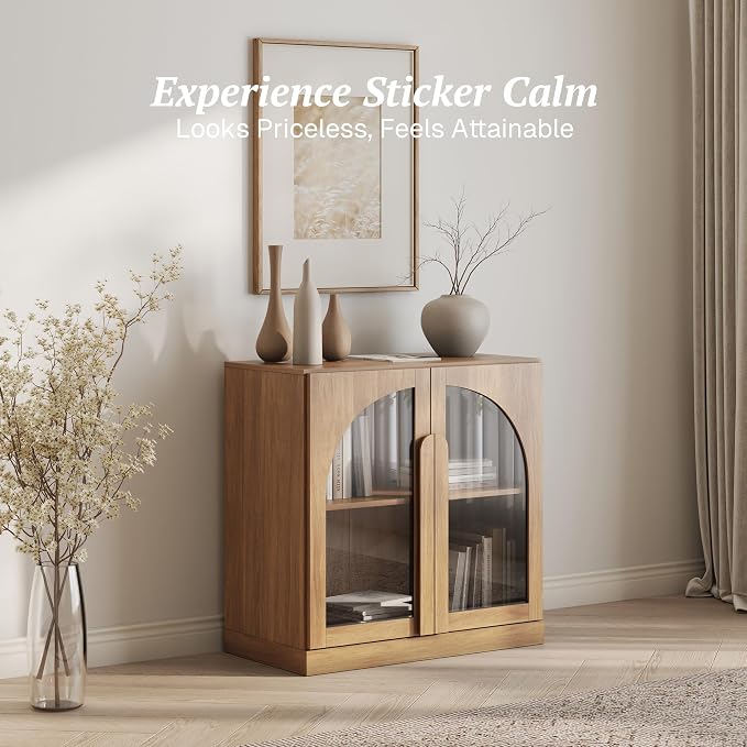 BELLEZE 2 Tier Bookshelf with Arched Glass Door, Modern Display Bookcase Shelf - Image 3