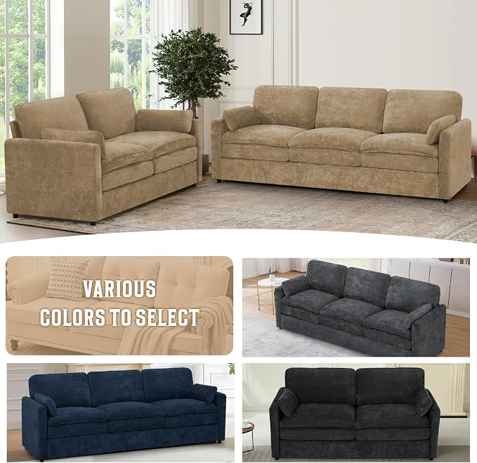 Comfy Chenille Sofa Set with Well-Filled Pillows, Modern 3 Seater and Loveseat - Image 7