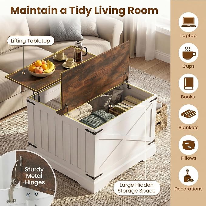 Giantex Farmhouse Lift Top Coffee Table, 31.5" Square Wood Center Table - Image 4