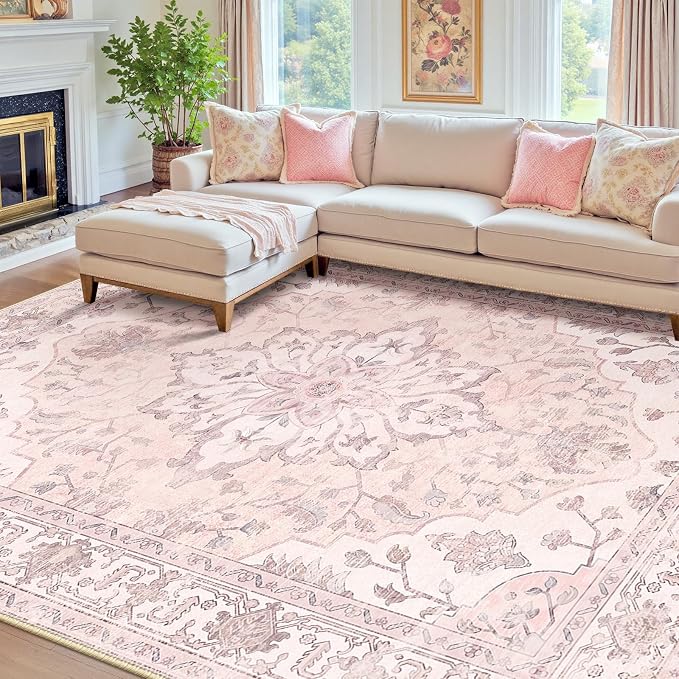 RELEANY Area Rugs 7'x10' Washable Non-Slip, Floral Vintage Distress Print by RELEANY