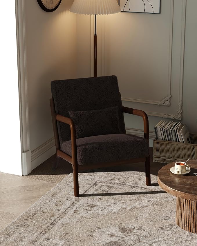 Garvee Mid-Century Modern Accent Chair, Sherpa Upholstery, Solid Wood Armchair by Garvee