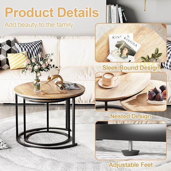 Garden 4 you Nesting Coffee Table, 23.6" Round Coffee Table Set of 2, Wooden - Image 4