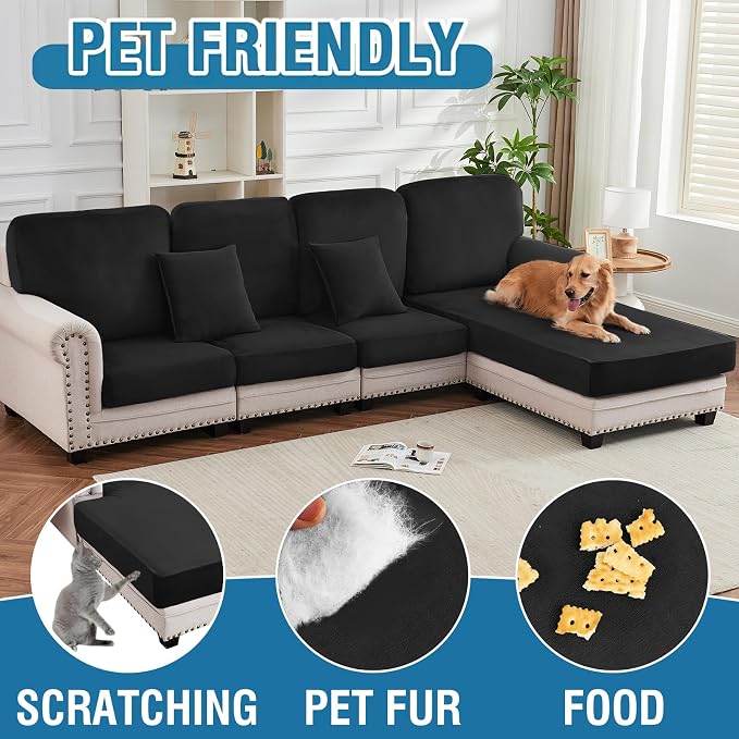 Couch Cover 4-Piece Elastic Velvet Couch Cushion Covers & Chaise Slipcovers - Image 4
