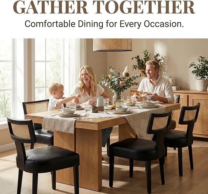 HNY Mid Century Modern Rattan Dining Chairs Set of 6, Farmhouse PU Leather - Image 3