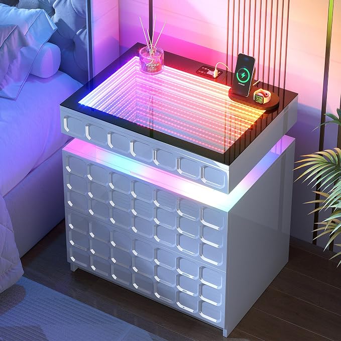 Night Stand with Charging Station and Smart RGB Lights, LED Nightstand with - Image 3