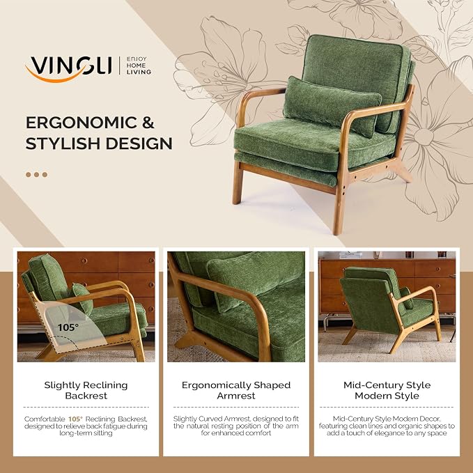 VINGLI Chenille Mid-Century Modern Accent Chair, Cute Reading Arm Chair - Image 4