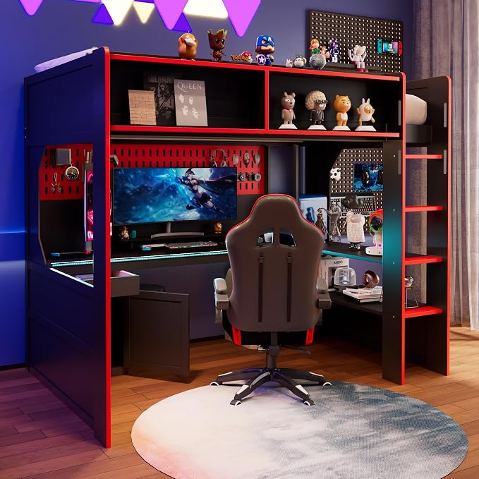 Modern Gaming Loft Bed with Built-in Desk, LED Lighting & Charging Hub –Twin - Image 3