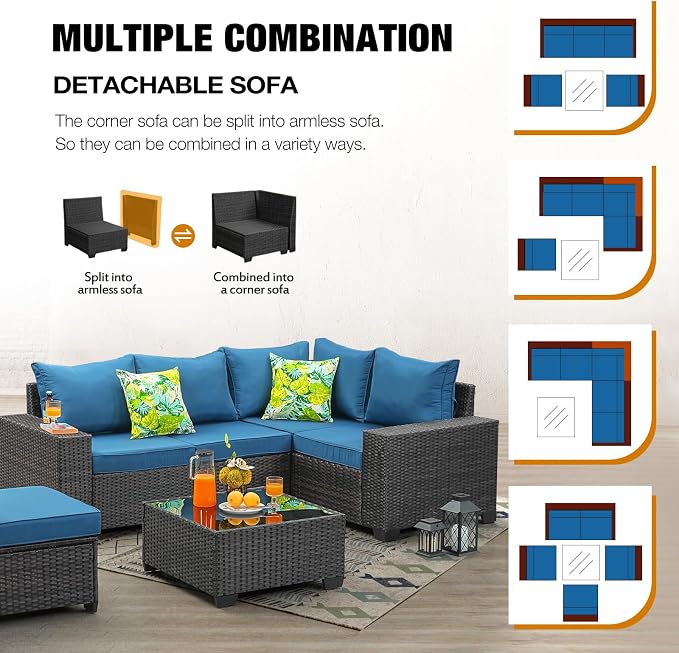 JOYURE 6 Pieces Patio Furniture Set All-Weather Outdoor Wicker Sectional - Image 7