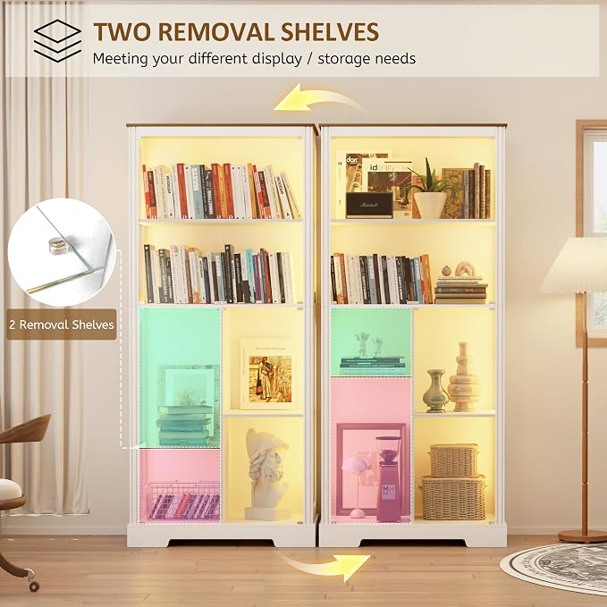 71” Display Cabinet with Glass Doors, Modern Curio Cabinet with 3 Color Lights - Image 9