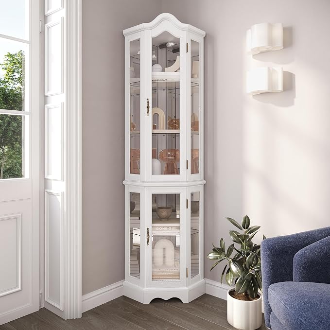 BELLEZE Lighted 3-Side Glass Display Curio Cabinet w/ Tempered Glass Doors and by BELLEZE