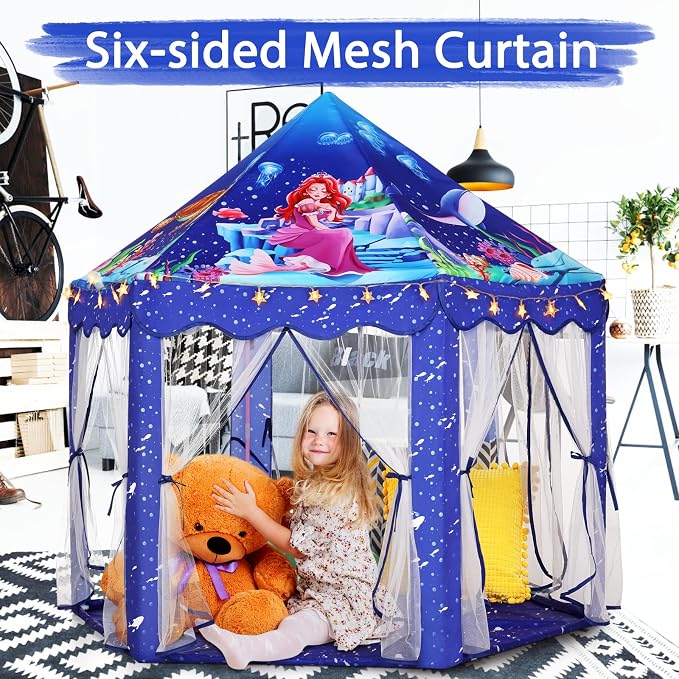 Monobeach Mermaid Princess Tent Girls Blue Large Playhouse Kids Castle Play Tent - Image 3