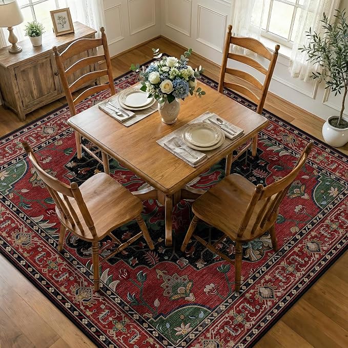 RELEANY Area Rugs Square 7ft Washable Non-Slip, Floral Vintage Distress Print by RELEANY