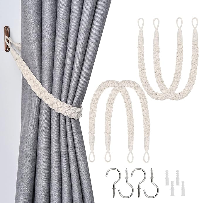 NICEEC 4 Pack Natural Cotton Rope Curtain Tiebacks Elegant Boho Style by NICEEC