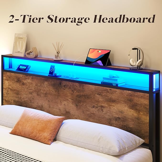 Lifezone Queen Bed Frame with 2-Tier Storage Headboard, Metal Platform Bed - Image 5