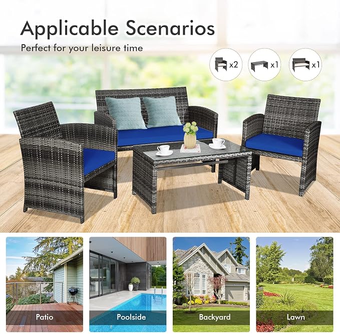 Goplus 4-Piece Rattan Patio Furniture Set, Outdoor Wicker Conversation Sofa - Image 3
