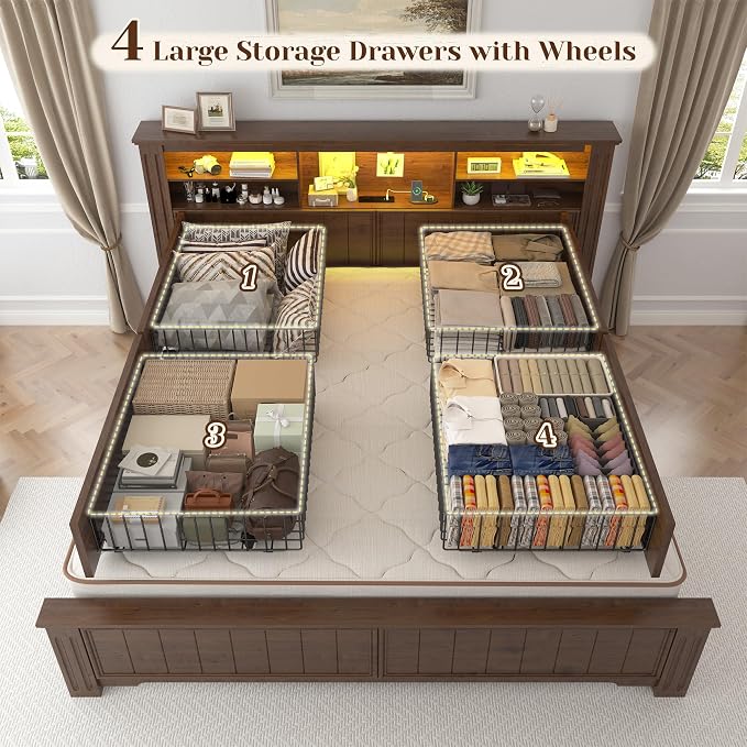 EnHomee Queen Bed Frame with Headboard and Storage, 4 Drawers and LED Built in - Image 5