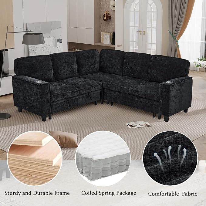 L-Shaped Sectional Couch with Storage and Pull Out Bed, Convertible Sofa Bed - Image 9