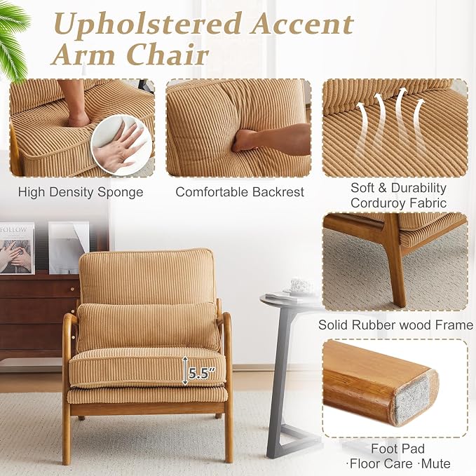 VINGLI Upgraded Premium Corduroy Accent Chair, Upholstered Arm Chair, Solid - Image 5