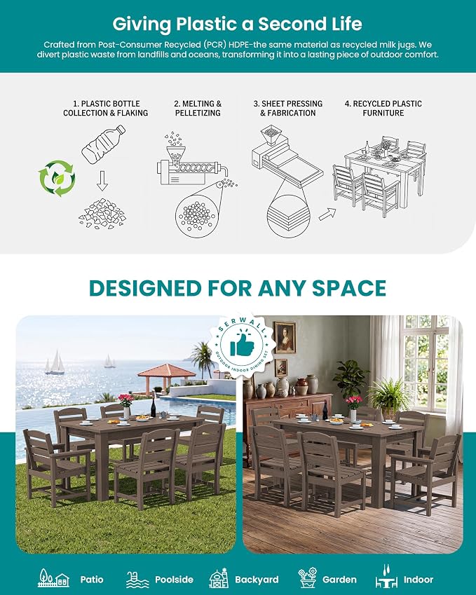 SERWALL HDPE Dining Set for 8: 2 Umbrella Hole Tables + 8 Chairs. Includes 8 - Image 6