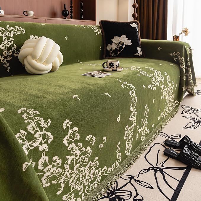 VClife Emerald Green Ginkgo Botanical Sofa Cover Non Slip Chenille Couch Cover - Image 8