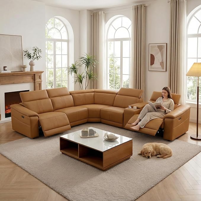 Power Recliner Sectional Sofa, L-Shaped Living Room Furniture Set, Light Brown by GEBADOL
