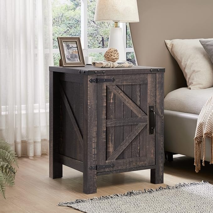 OKD Nightstand with Charging Station, 18 Inch Farmhouse End Table with Barn - Image 2