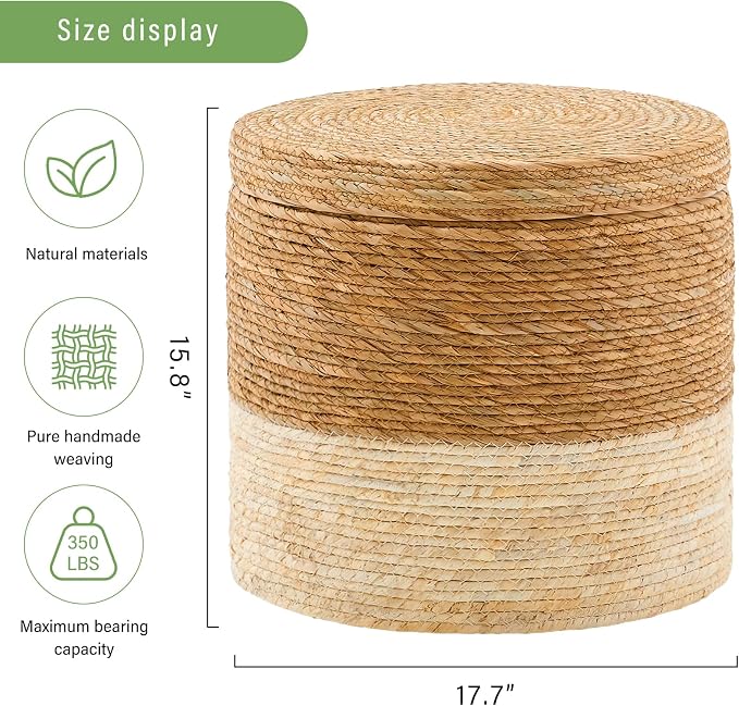 Wimarsbon Round Pouf Ottomans, Handwoven Natural Water Hyacinth Seagrass Pouffe - Image 3