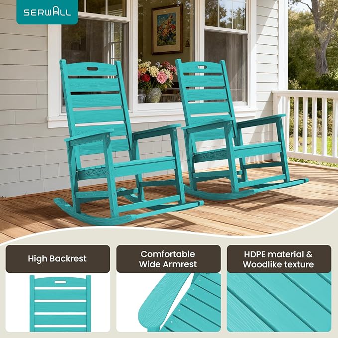 SERWALL Outdoor Rocking Chair Set of 2, Oversized HDPE Patio Rocking Chair - Image 7