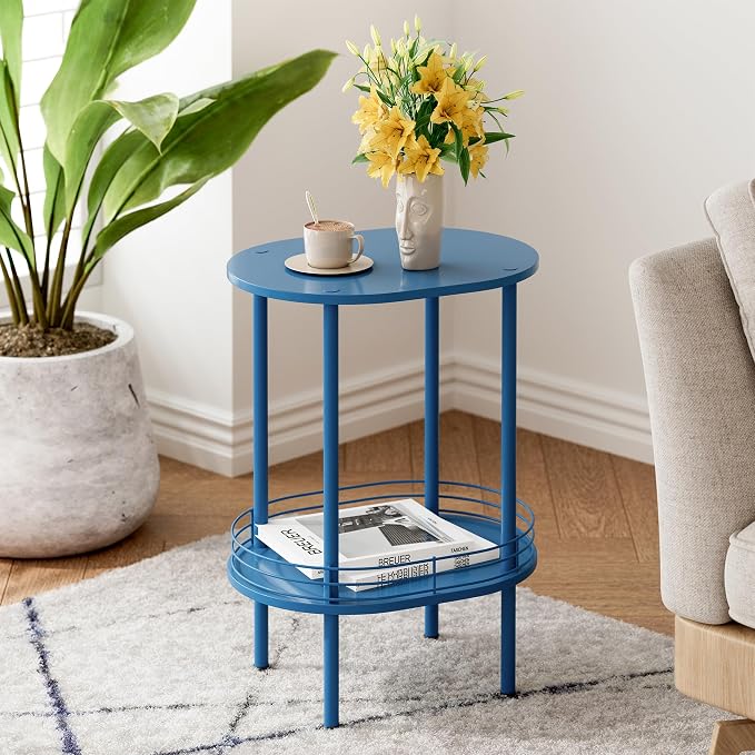 DGSANDGO Blue Oval Side Table, Side Tables Living Room, 2-Tier Nightstand - Image 3
