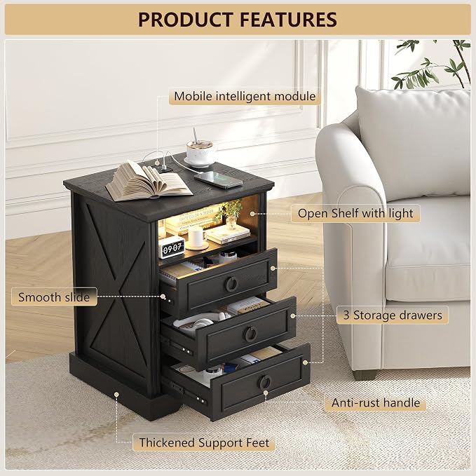 Nightstand Set 2 with Charging Station, Farmhouse End Side Table with 3 Drawers - Image 4