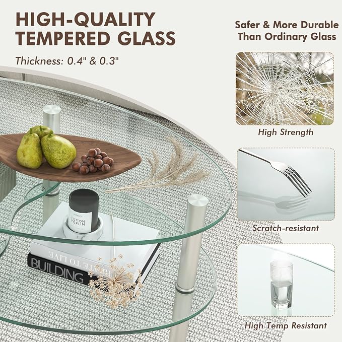 Tangkula Glass Coffee Table, Modern Furniture Decor 2-Tier Modern Oval Smooth - Image 6