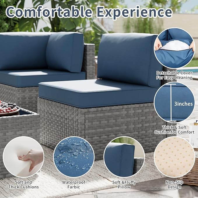 SUNLEI 5 Piece Patio Furniture Sets, Low Back All-Weather Rattan Sectional Sofa - Image 3