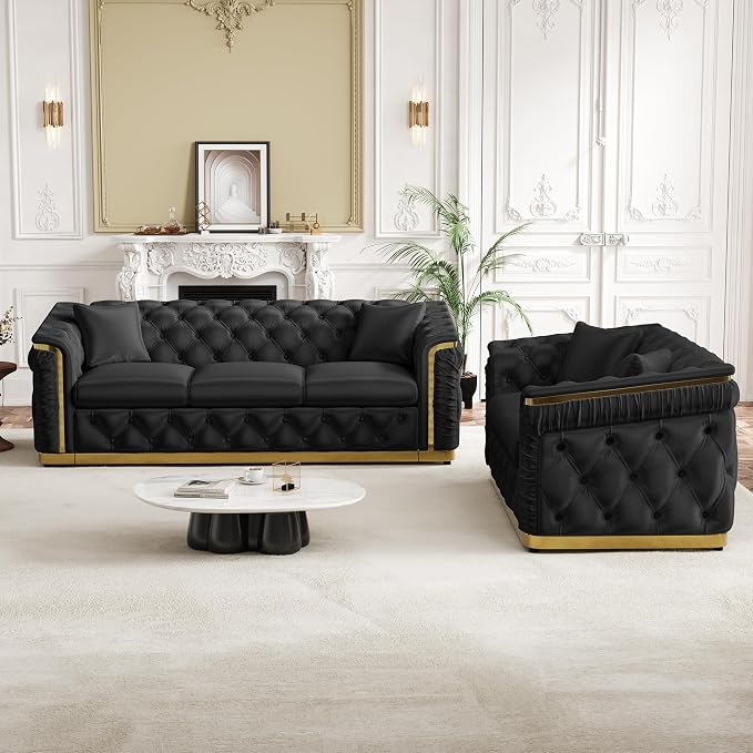 2 Piece Velvet Chesterfield Sofa Luxury Tufted Sofa Black and Gold Couch Set - Image 8