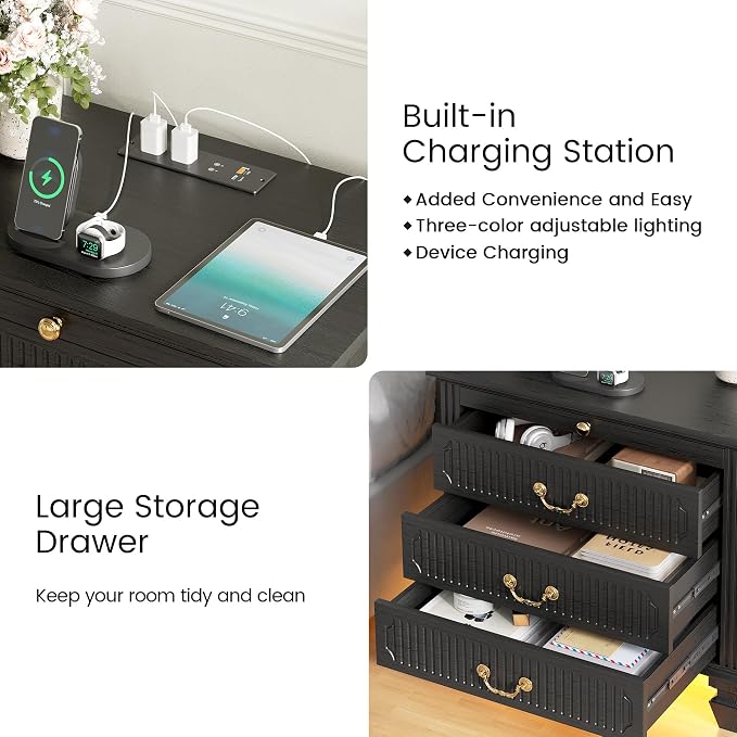 25.6'' Wide Bedside Table with 3 Drawers & Pull-out Tray, Smart Night Stand - Image 5