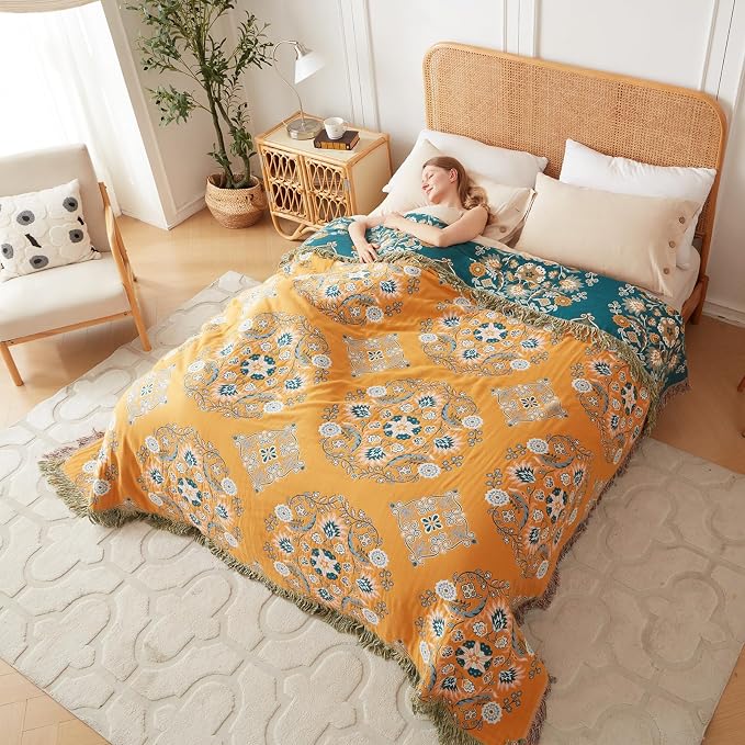 LUTBM Boho Throw Blanket for Bed 100% Cotton Soft Lightweight Quilt Floral - Image 8