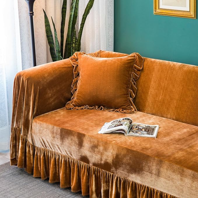 Velvet Sofa Cover Soft Decorative Luxurious Solid Exquisite Ruffle Trim - Image 7
