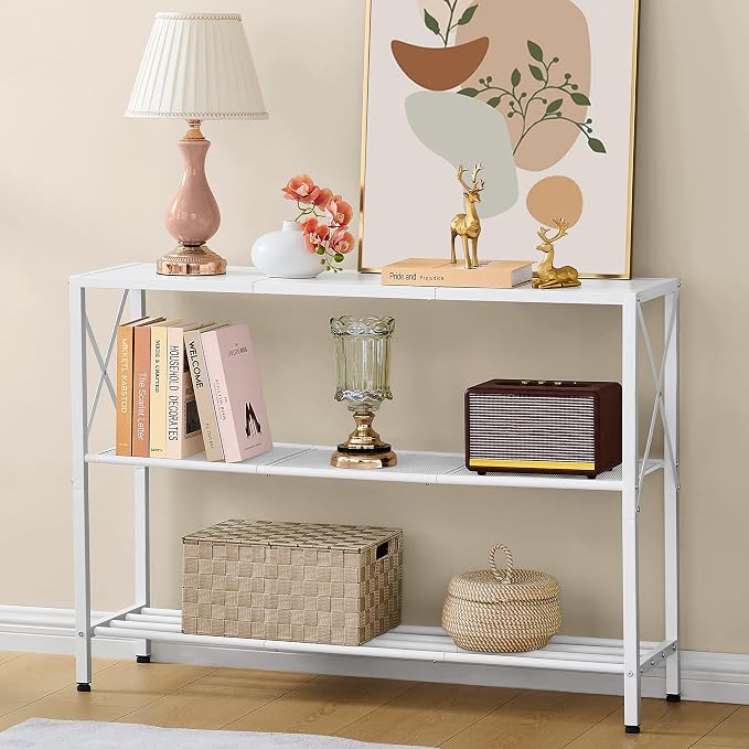 Hoctieon White Industrial Console Table, 3 Tier Entryway Tables, Hallway Desk - Image 7