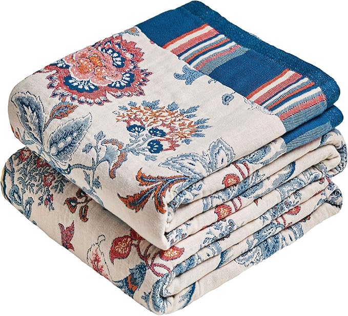 MSGKV Boho Throw Blanket 90"x90" 100% Cotton Floral Blanket by MSGKVHomeTextiles