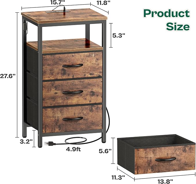 Huuger Night Stand with Charger Station and LED Lights, 3 Drawer Nightstand - Image 3