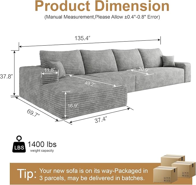136" Sectional Couches for Living Room Cloud Couch Sofa - Image 2
