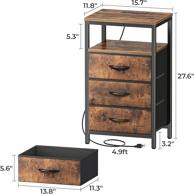 Huuger Nightstand with Charging Station, 27.6 Inch Bedside Table with Fabric - Image 9