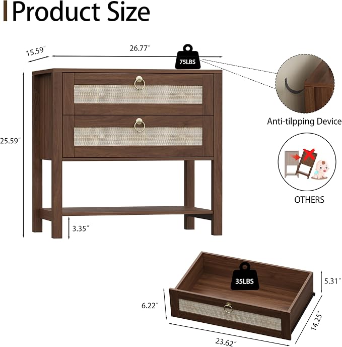 Xixini Nightstand Set of 2, Rattan Boho Bedside Table - Image 2