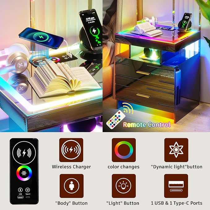 WOOVIVS Nightstand with 24 Colorful Lighst, LED Night Stand with - Image 4